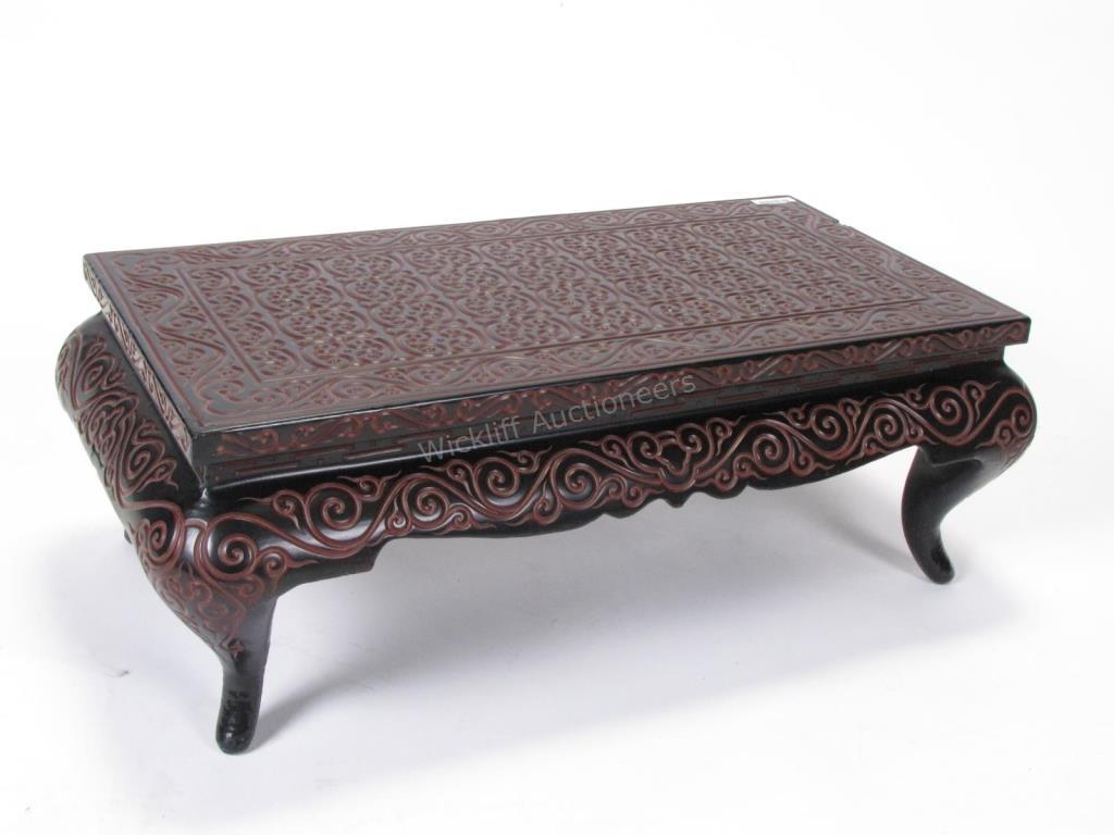 Appraisal: Oriental Wood Carved Footstool black rectangular stool with intricate carvings