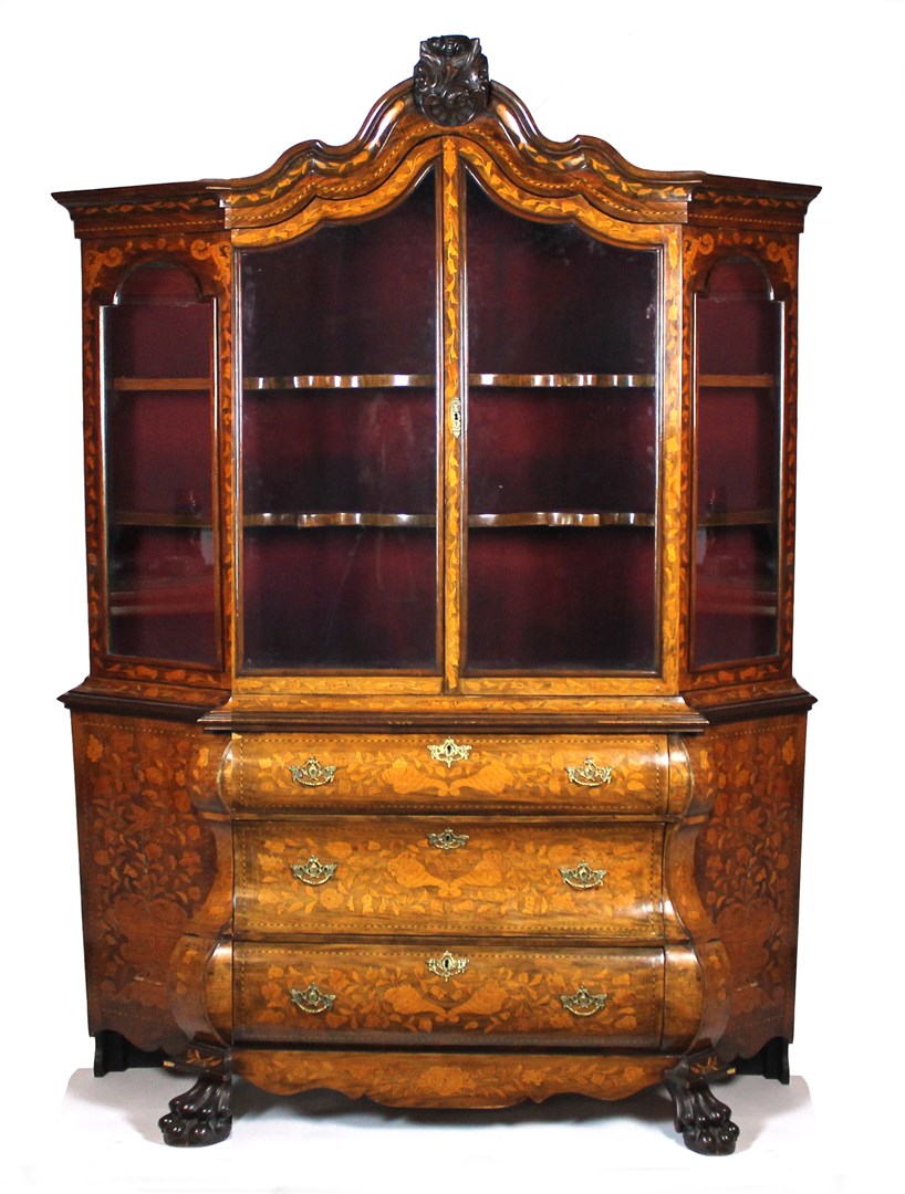 Appraisal: A th century Dutch marquetry inlaid walnut display cabinet the