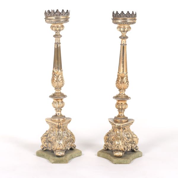 Appraisal: SILVER CLAD CANDLEHOLDERS H Ornate silvered candleholders with acanthus leaf