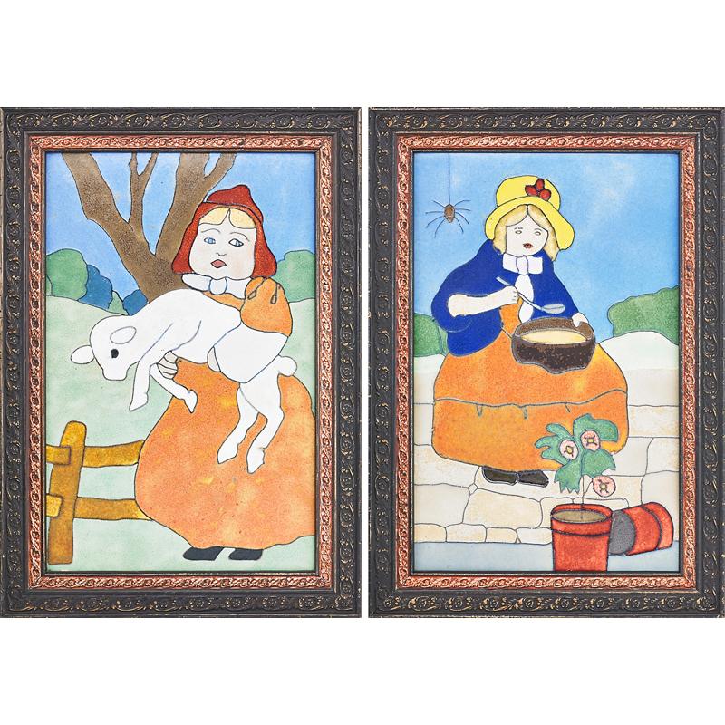 Appraisal: FLINT Two rare nursery rhyme tiles FLINT Two rare framed