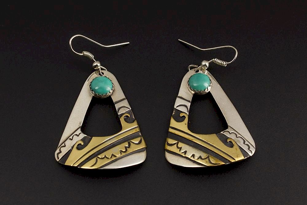 Appraisal: Gold Silver Earrings w Turquoise Navajo Gold Sterling Silver Earrings