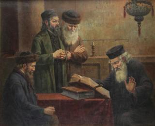 Appraisal: SCHMIDT Oskar Oil on Canvas Rabbis in Synagogue Inscribed and