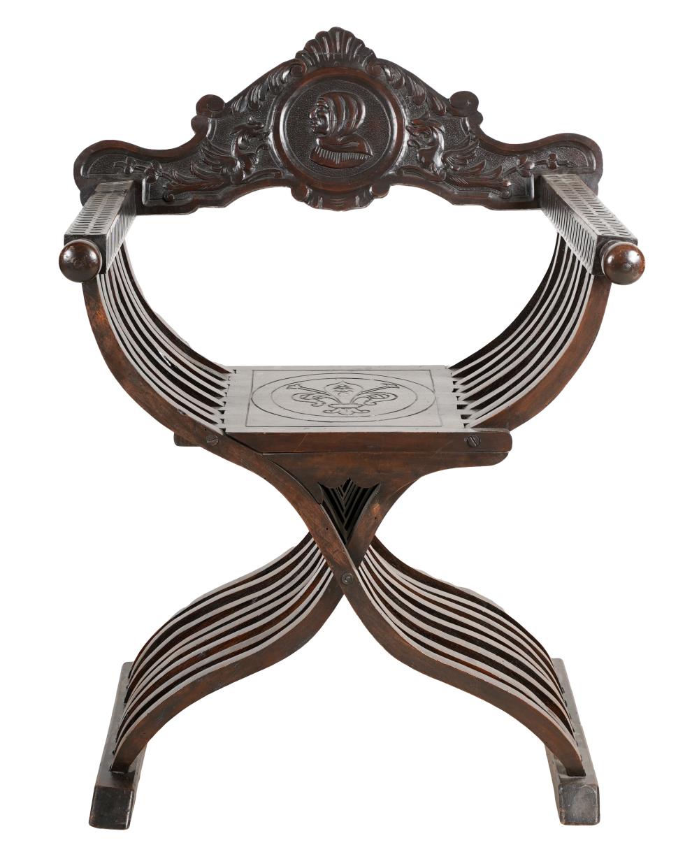 Appraisal: CARVED SAVONAROLA CHAIRthe carved backrest centered by a carved portrait