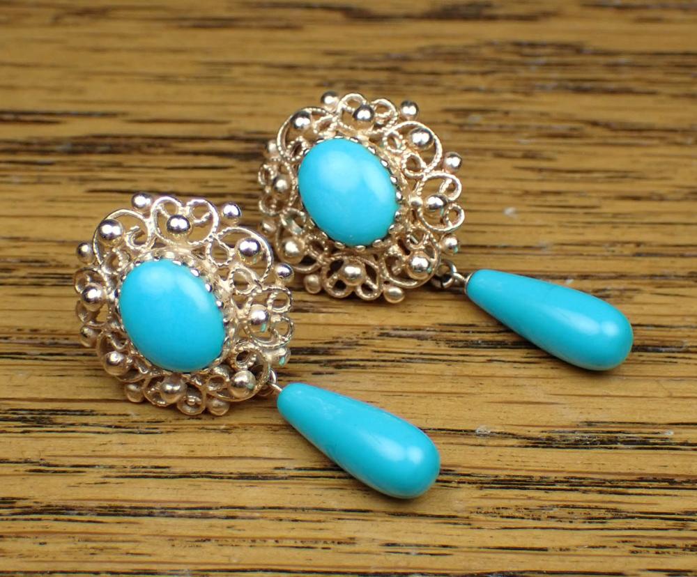 Appraisal: PAIR OF TURQUOISE AND FOURTEEN KARAT GOLD EARRINGS each yellow