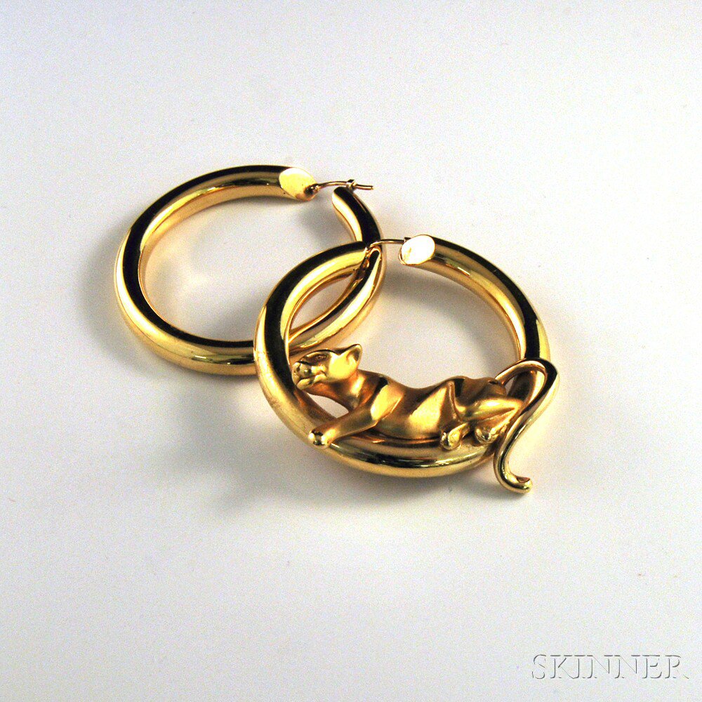 Appraisal: Pair of kt Yellow Gold Hoop Earrings one with a