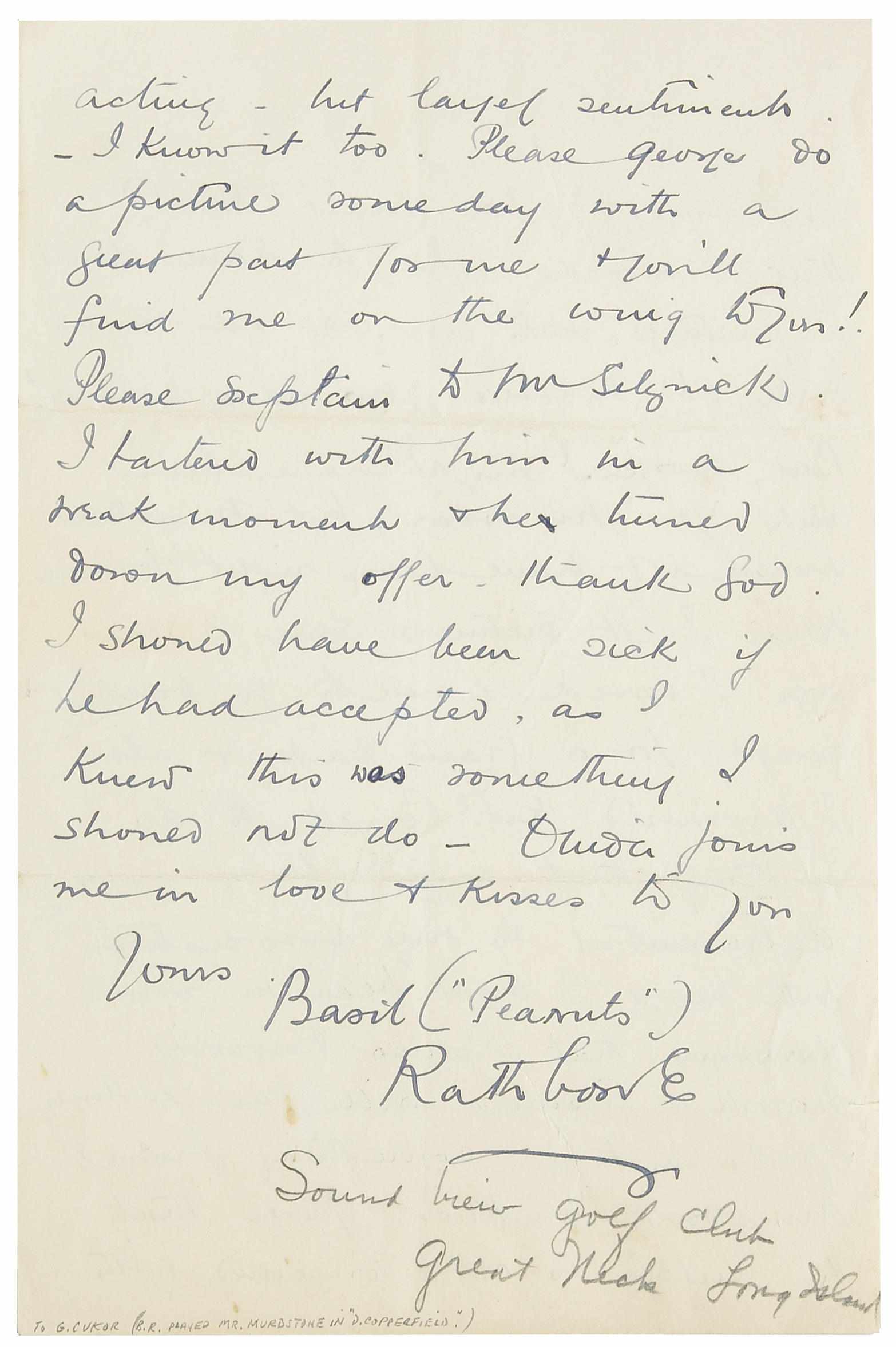 Appraisal: RATHBONE BASIL - Autograph Letters Signed ''Basil Rathbone'' pp to