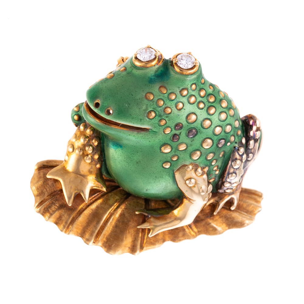 Appraisal: An K Enameled Diamond Frog on Lily Pad Pin K