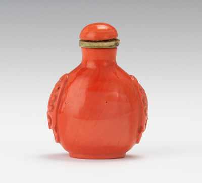 Appraisal: Carved Coral Glass Snuff Bottle With Archaic Mask Handles Coral