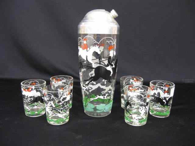 Appraisal: Fox Hunt Decorated Glass Cocktail Set shaker and tumblers