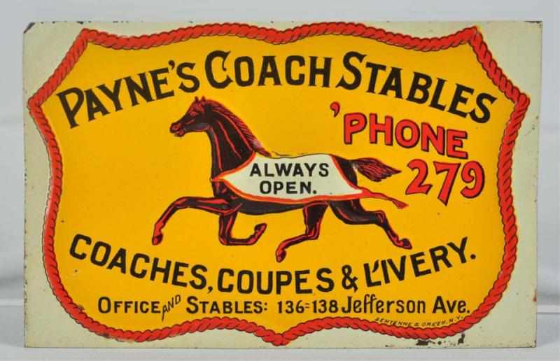 Appraisal: Metal Payne's Coach Stables Sign Description Nice image of trotting