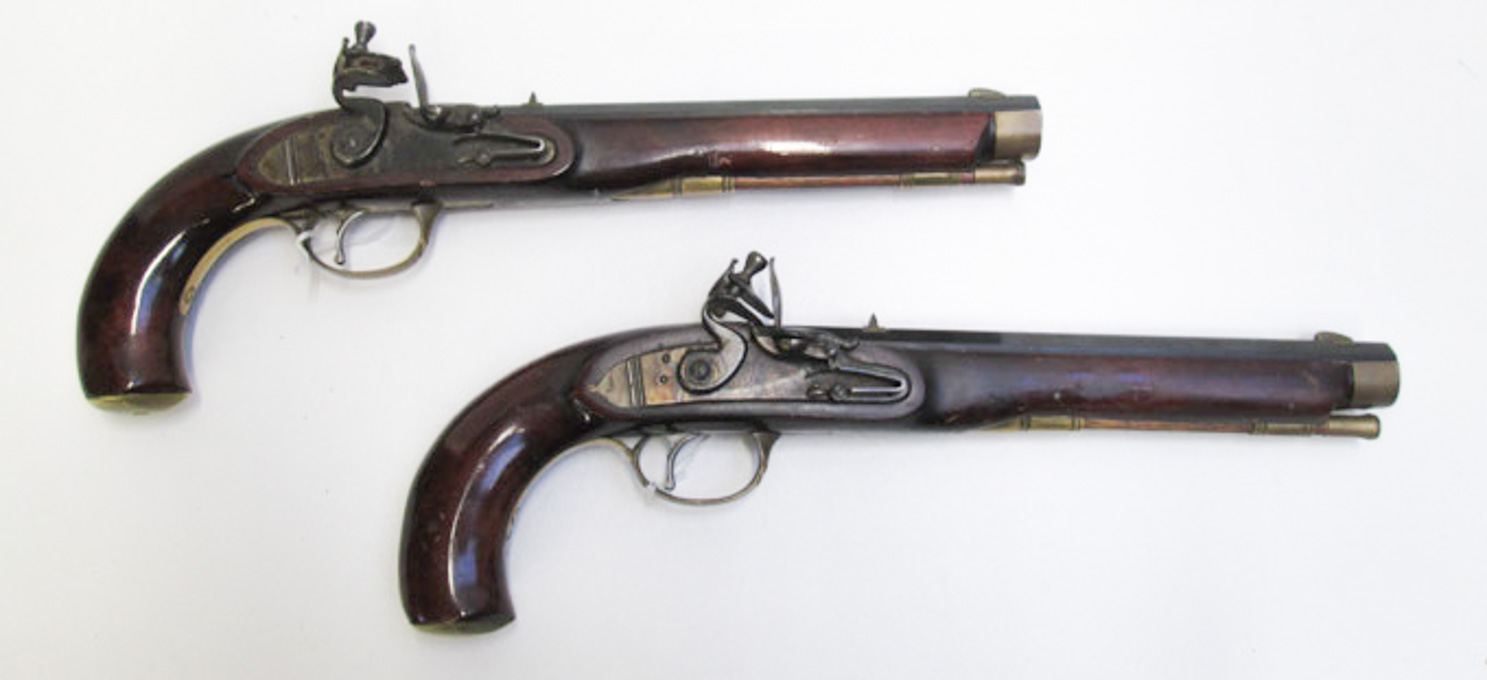 Appraisal: PAIR OF FLINTLOCK PISTOLS caliber rifled octagonal barrels blued and