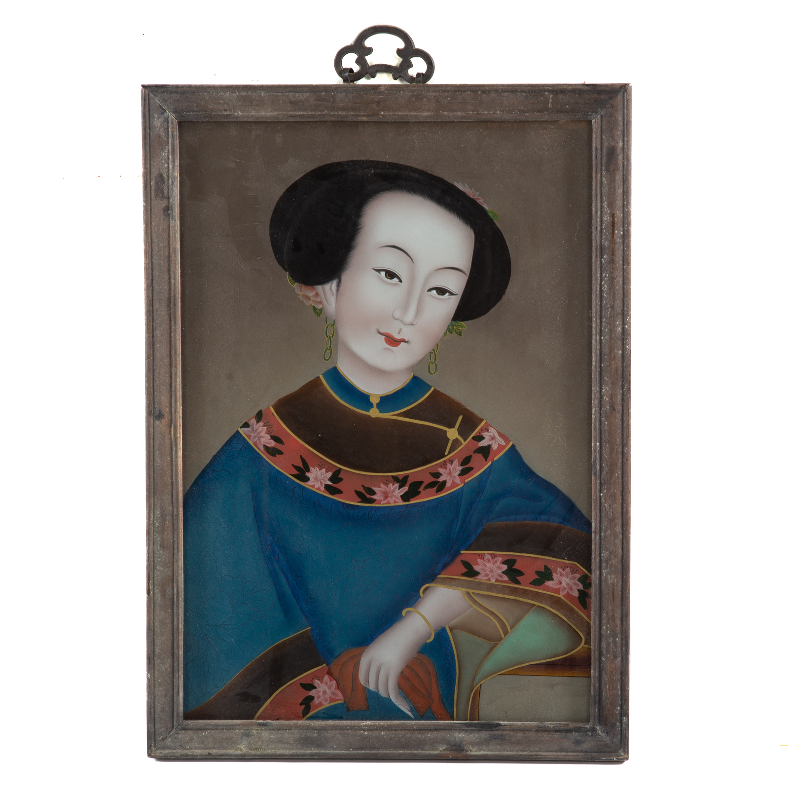 Appraisal: CHINESE REVERSE PAINTED GLASS PORTRAIT th century portrait of courtesan