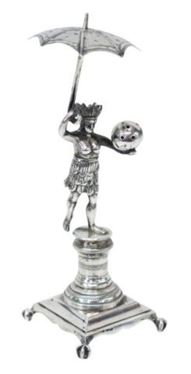 Appraisal: Portuguese silver toothpick holder th c American Indian holding a