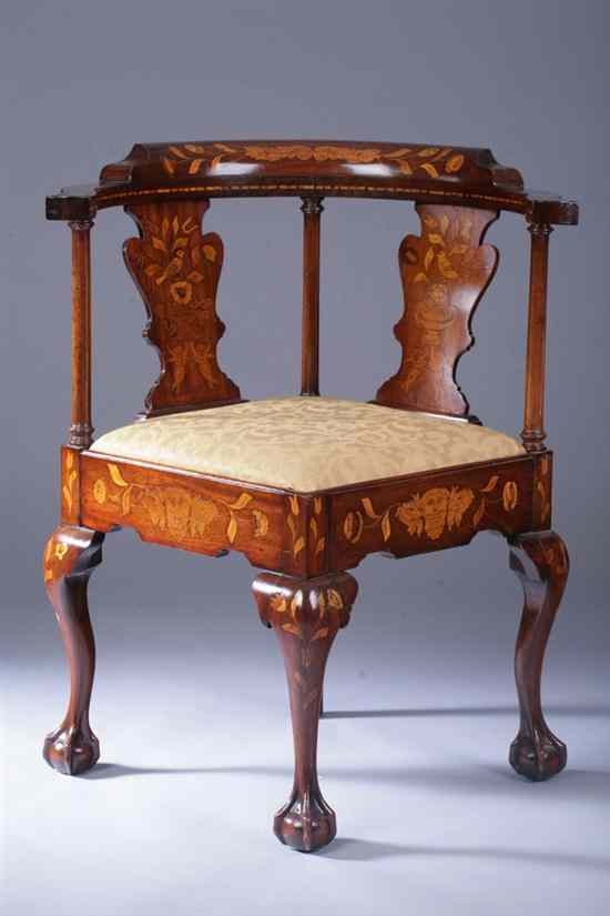 Appraisal: DUTCH CHIPPENDALE STYLE MAHOGANY AND MARQUETRY-INLAID CORNER CHAIR Late th