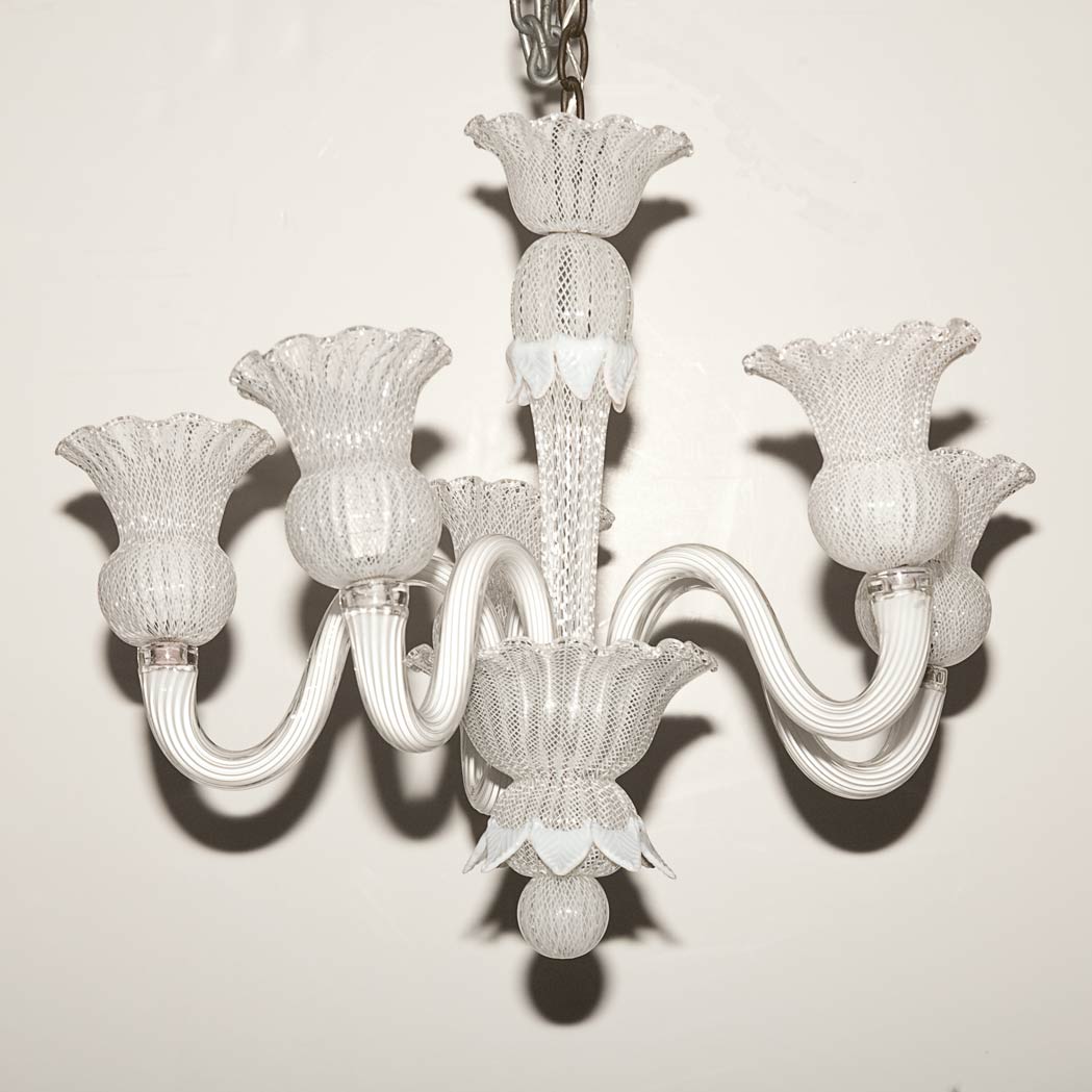 Appraisal: Venetian White Glass Five-Light Chandelier Height inches diameter inches