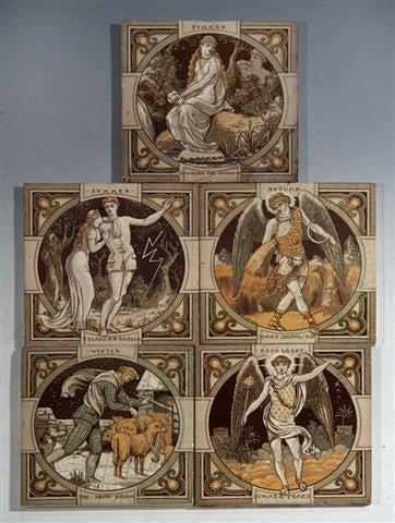 Appraisal: FIVE MINTON TILES pale green images representing different seasons after