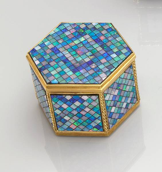 Appraisal: Opal Mosaic Box By A Ruppenthal Idar-Oberstein Germany Of hexagonal