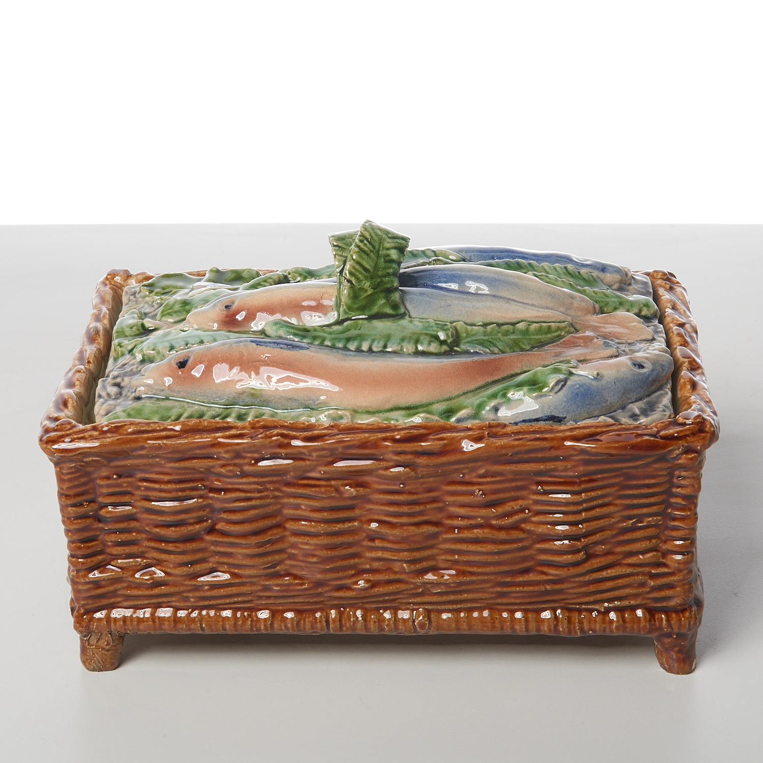 Appraisal: MAJOLICA SARDINE BOX th th c nice old basket weave