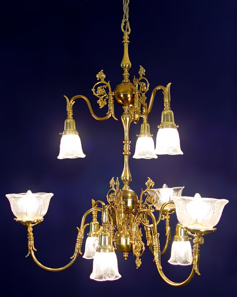 Appraisal: FANCY LIGHT BRASS CHANDELIER light over lights hangs '' ''