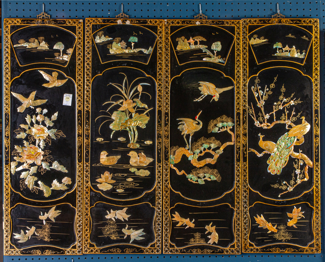 Appraisal: SET OF FOUR CHINESE LACUQERED AND MOTHER-OF-PEARL WALL PANELS Set