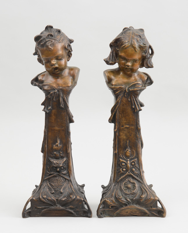 Appraisal: HENRY LINDER - PAIR OF ART NOUVEAU FIGURAL ANDIRONS Bronze