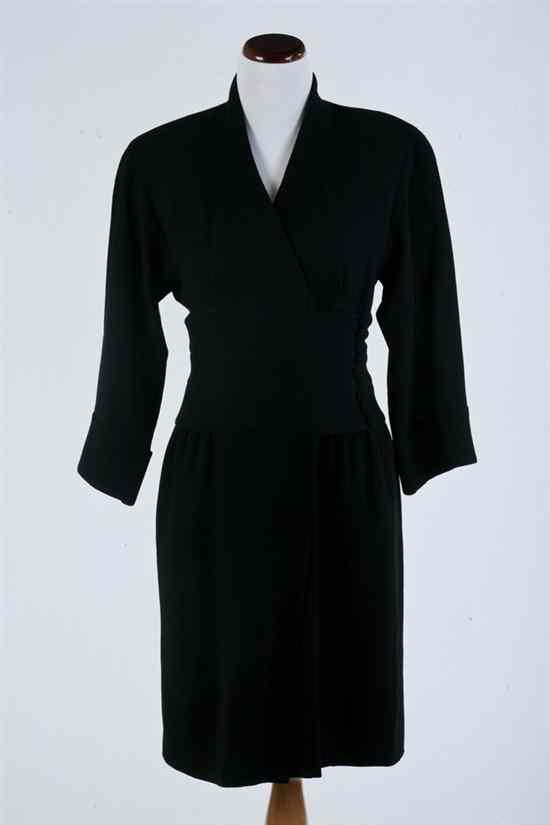 Appraisal: CHRISTIAN LACROIX BLACK WOOL CREPE WRAP DRESS Size Deep V-neckline