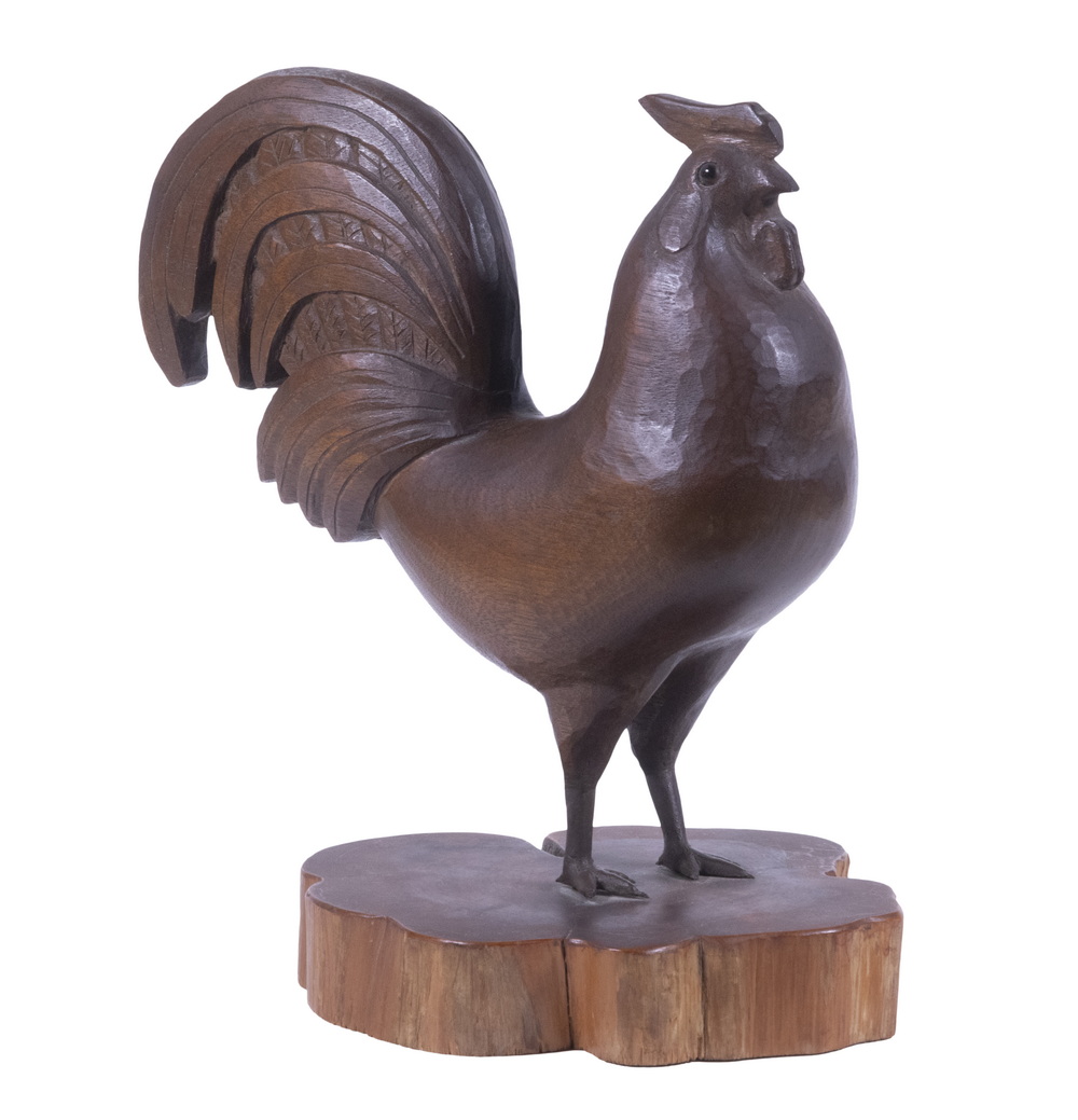 Appraisal: FOLK ART ROOSTER SCULPTURE Circa Carved Wooden Standing Cockerel Figure