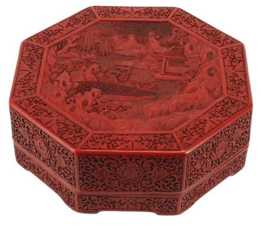 Appraisal: Chinese cinnabar lacquered octagonal box with cover approx h diam