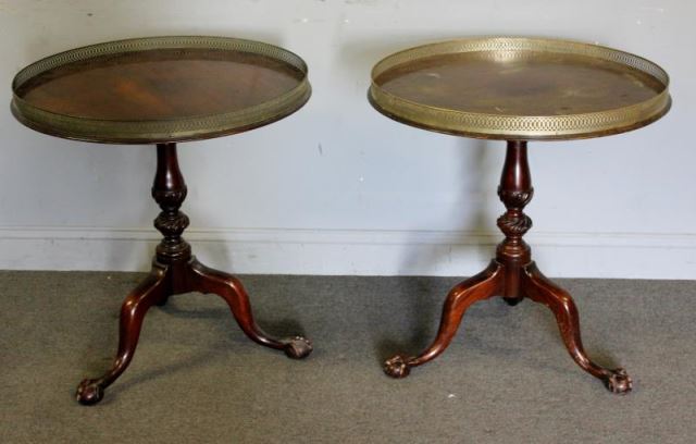 Appraisal: Pair of Custom Mahogany Old Colony Tripod BaseTables with Brass