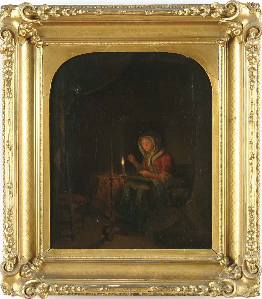 Appraisal: UNSIGNED European th C SEWING BY CANDLELIGHT Oil on canvas