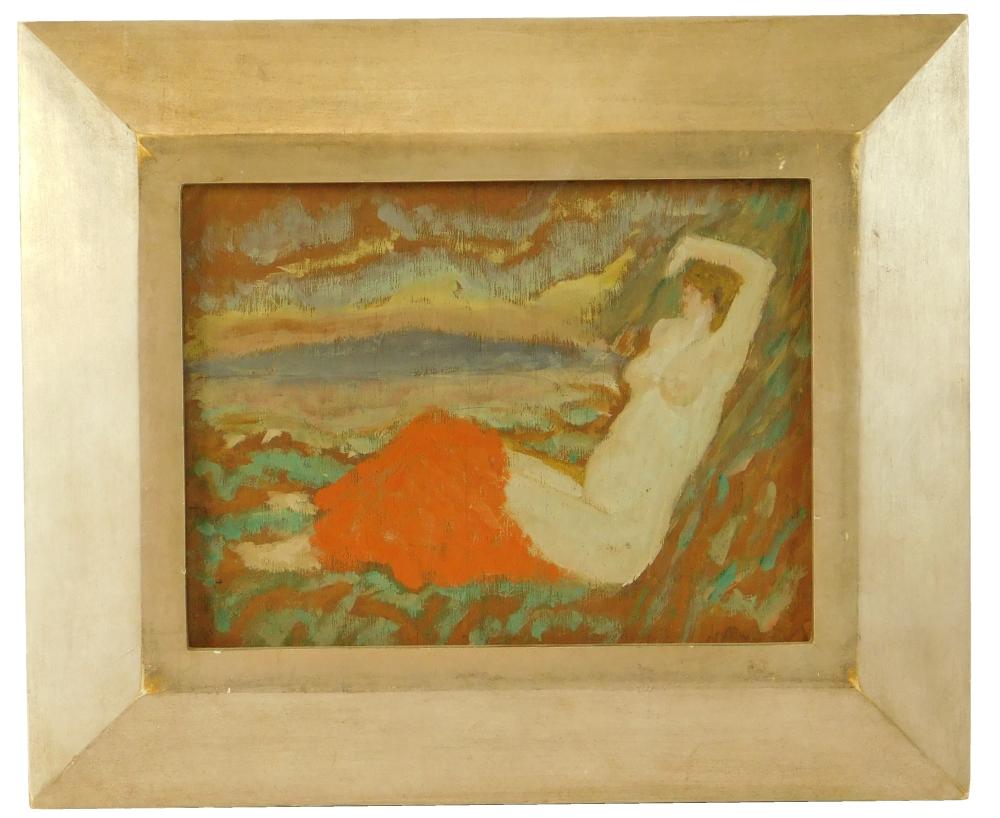 Appraisal: th C painting of reclining woman oil on wood panel