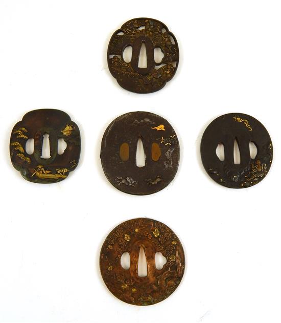 Appraisal: ASIAN five Japanese tsuba th th C mixed metals and