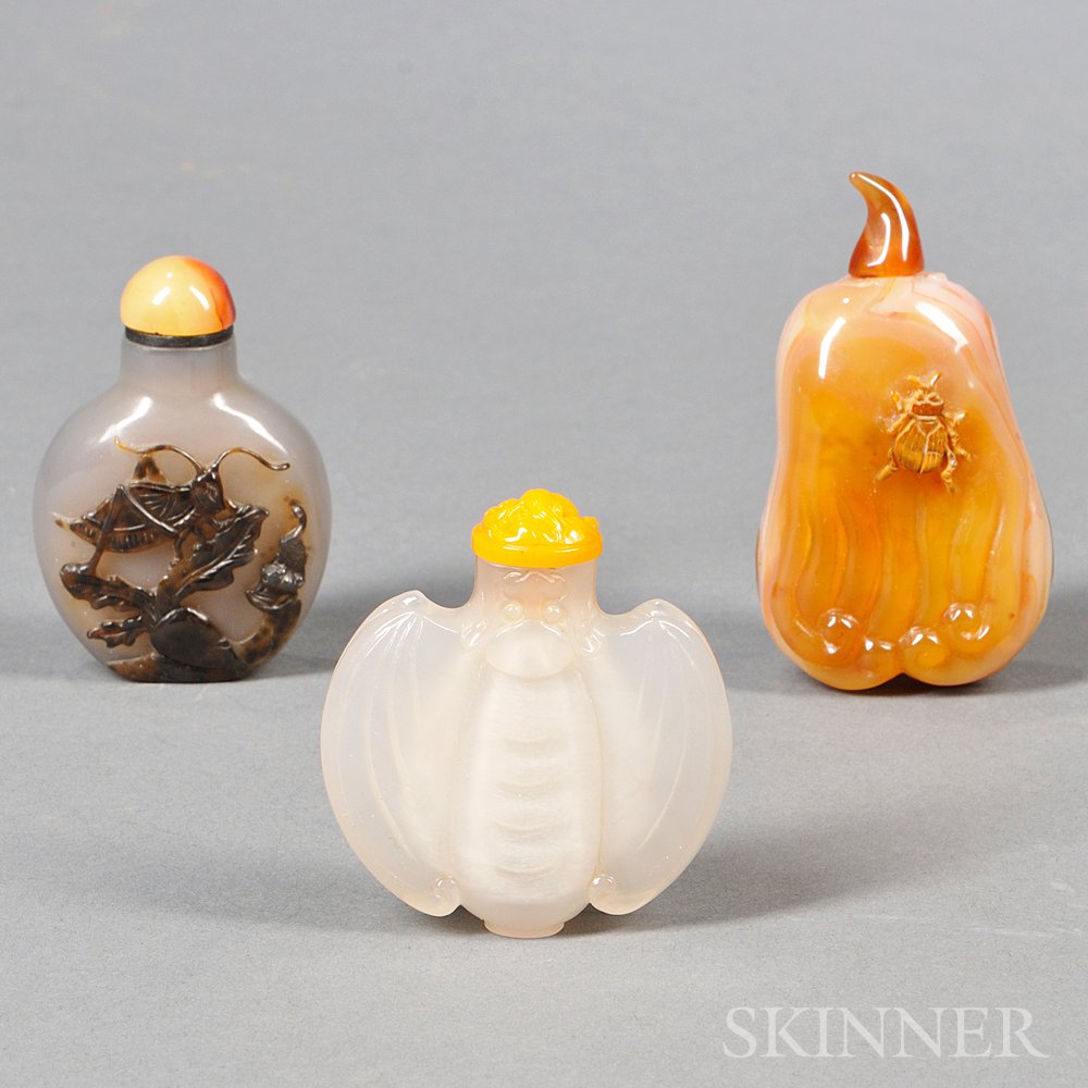 Appraisal: Three Agate Snuff Bottles China a bat-shape murky white snuff