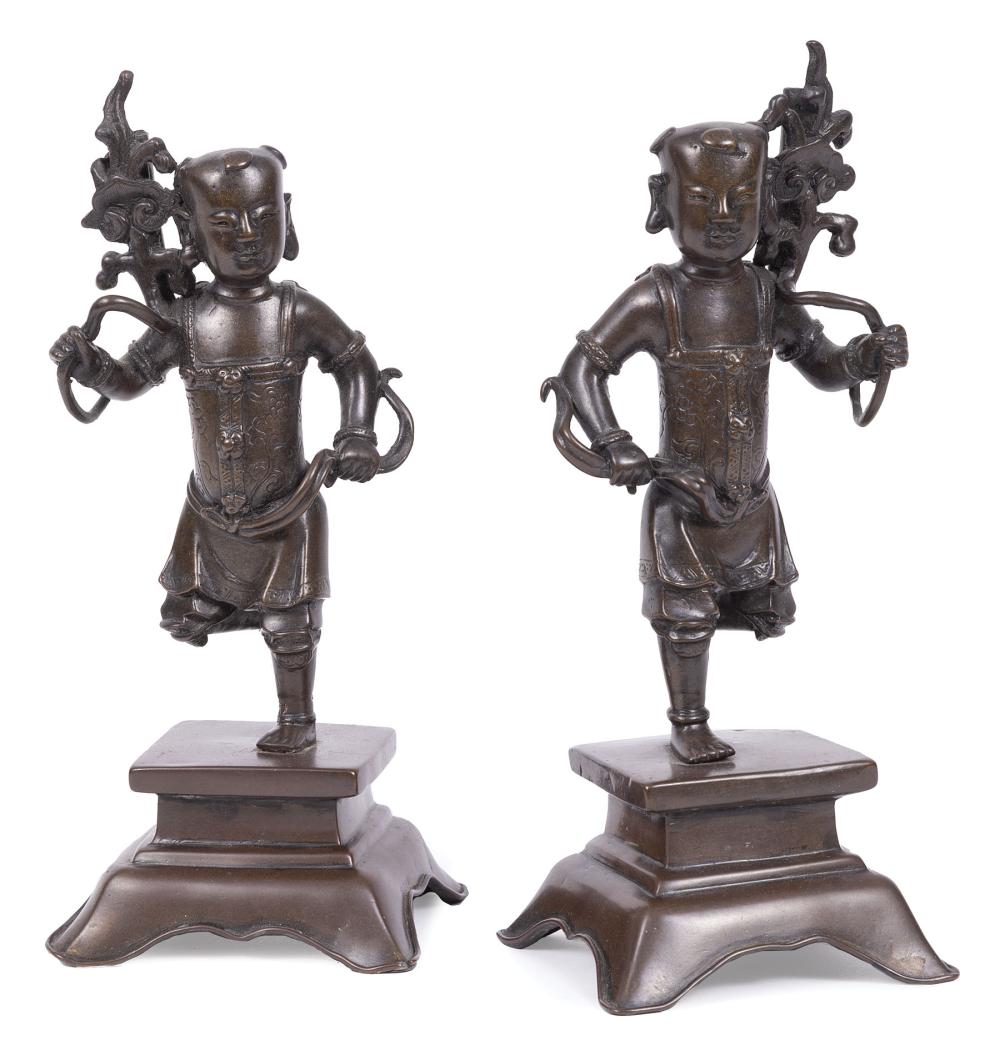 Appraisal: Pair of Chinese Bronze Figural Incense Stick Holders Qing Dynasty