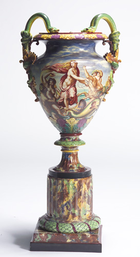 Appraisal: ROYAL WORCESTER MAJOLICA Exhibition urn Triumph of Galatea after Raphael