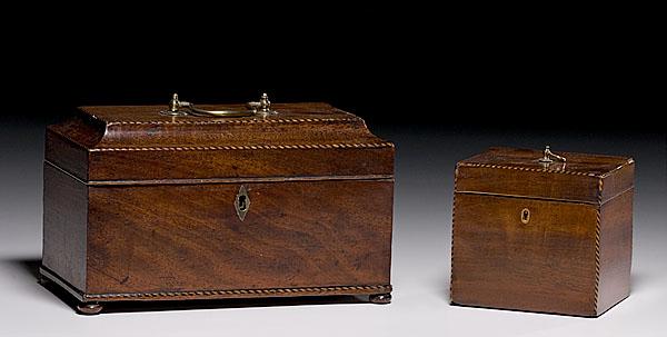 Appraisal: TWO ENGLISH TEA CADDIES ca - both of mahogany solids