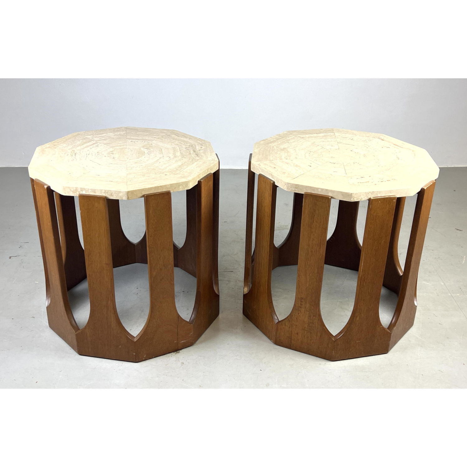 Appraisal: Pr HARVEY PROBBER travertine Decagon tables Walnut base Unsigned Dimensions