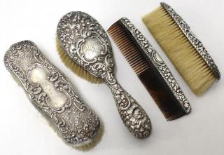 Appraisal: Repouss Silver Dresser Set Items Assembled comprising a hair brush