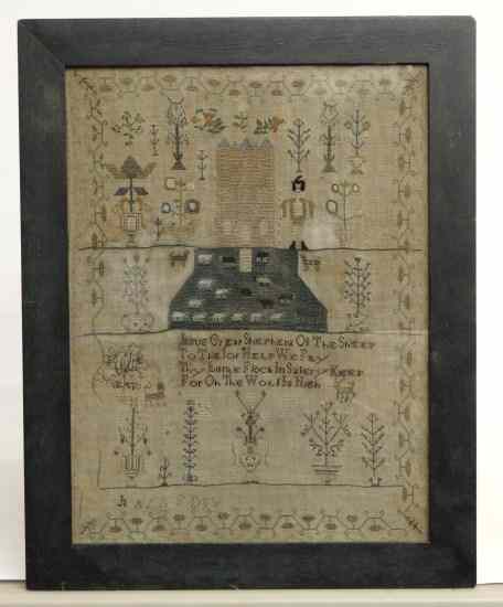 Appraisal: th c needlework sampler with verse sheep building and initials