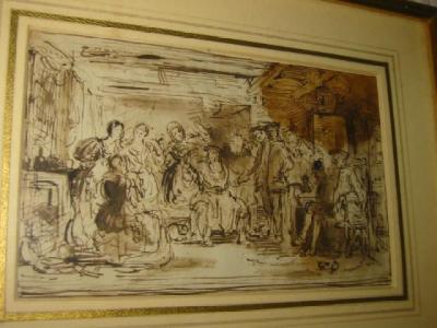 Appraisal: ATTRIBUTED TO SIR DAVID WILKIE Interior with Figures pen sketch