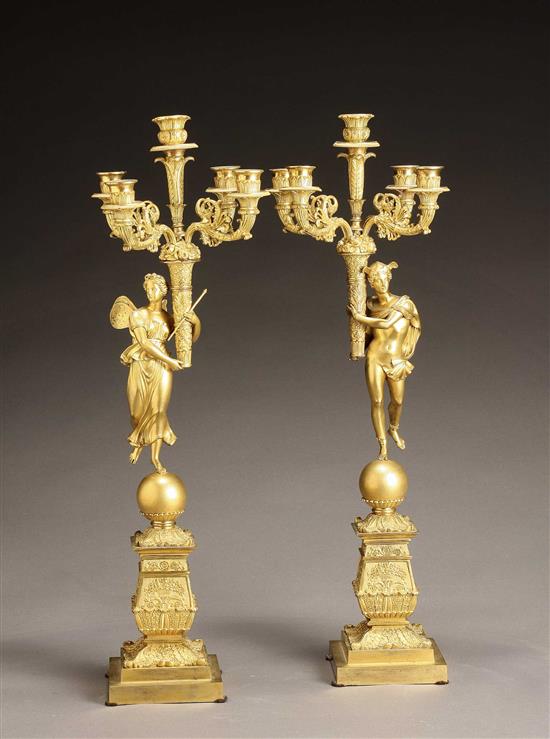 Appraisal: Pair of Charles X Ormolu Figural Five-Light Candelabra Second Quarter