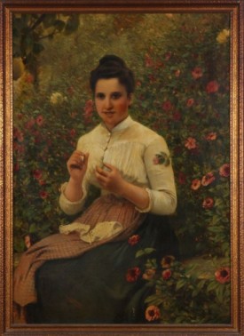 Appraisal: Full length portrait of woman mending seated in a garden