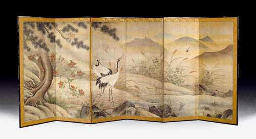 Appraisal: FINELY-WORKED SIX-PART FOLDING SCREEN Japan th century in the style