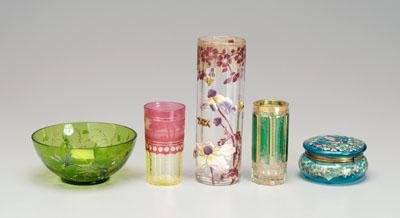 Appraisal: Five pieces art glass Moser cylindrical vase with applied enamel