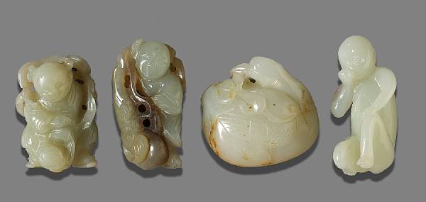 Appraisal: Seven small jade and hardstone carvings Comprising one white nephrite