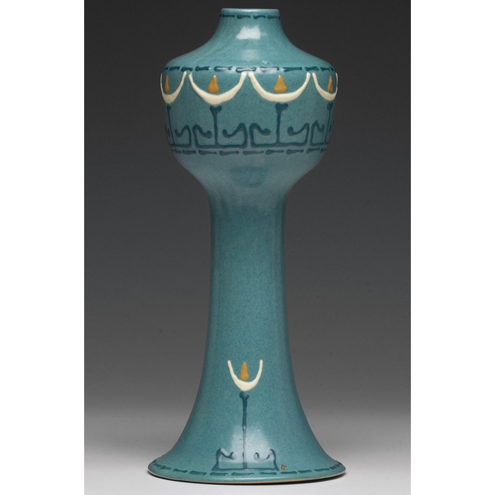 Appraisal: Roseville Aztec vase unusual shape in blue squeeze bag applied