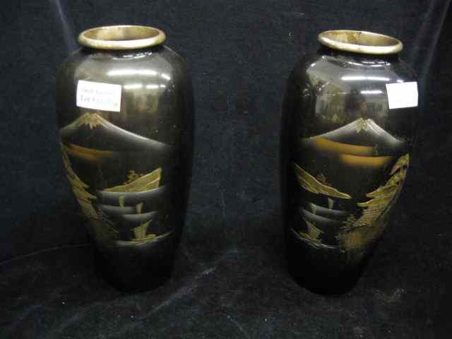 Appraisal: Pair of Japanese Mixed Metal Vases landscape with Mt Fuji