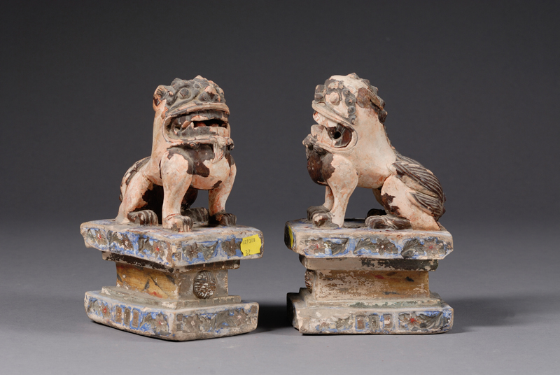 Appraisal: Pair of Painted Terra-cotta Foo Dogs China th century ht