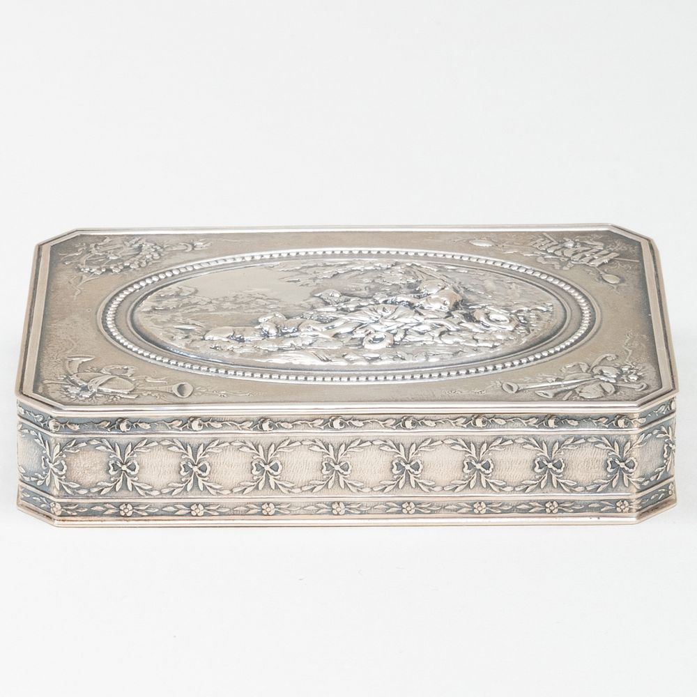 Appraisal: French Silver Snuff Box Repouss with Shepherding Scene Marked '