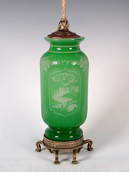 Appraisal: STEUBEN JADE OVER ALABASTER GLASS LAMP Jade glass acid cut